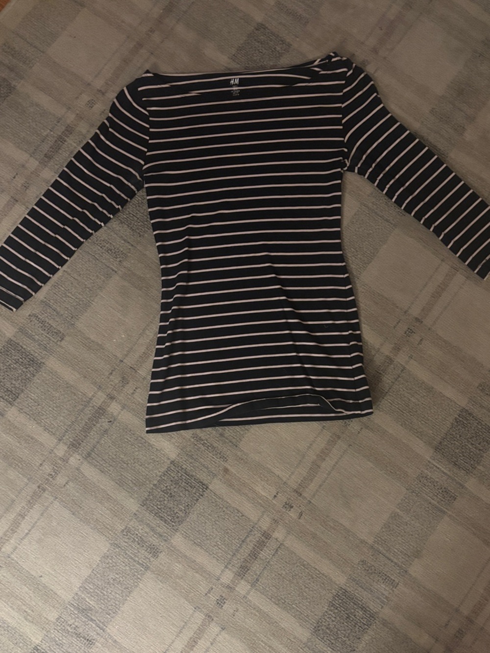 H&M Navy and White Striped Long-Sleeve Boatneck Tee